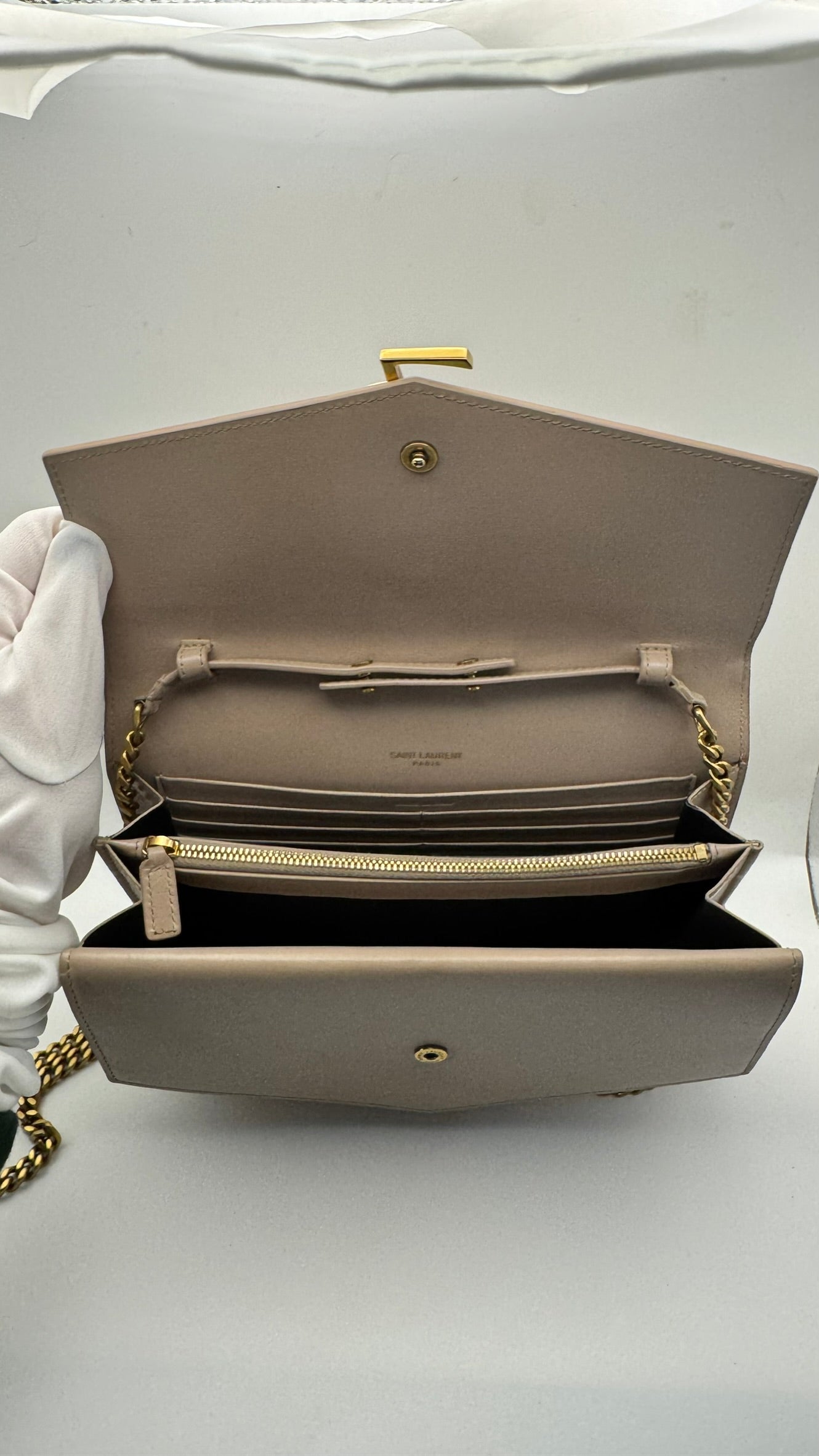 Saint Laurent YSL Envelope Chain Wallet WOC – Taupe
